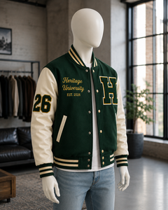 Chaqueta Bomber Varsity con Capucha para Hombre, Estilo Heritage University, Color Verde, con Parche Bordado en Forma de H, Alta Demanda, Venta al Por Mayor - Product Image 2