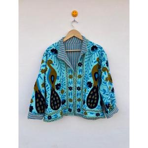 Handcrafted Cotton Embroidered Reversible Eco-Friendly Peacock Boho Chic Suzani Winter Coat for <b>Women</b> - Product Image 1
