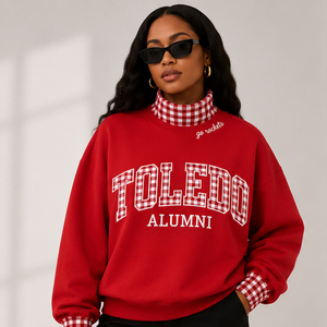 Sweat-shirt graphique vintage pour femme, rose, épais, col montant, style universitaire Toledo Alumni, avec bordure à carreaux et épaules tombantes - Product Image 6