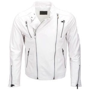 Men’s Premium <b>White</b> Leather Biker <b>Jacket</b> – Slim Fit Motorcycle <b>Jacket</b> with Multiple Zipper Pockets - Product Image 1