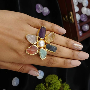 Six Multi Stone Handmade Brass <b>Ring</b> <b>Adjustable</b> Natural Stone Traditional Jewelry Gift for Women Customise <b>Ring</b> Daily Wear - Product Image 3
