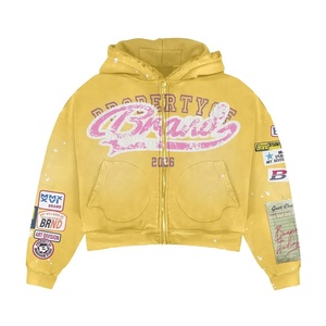Sudadera con Capucha Oversize con Cremallera y Bolsillo Frontal, Estilo Urbano Unisex, Diseño Estampado Amarillo, Moda Americana - Product Image 1