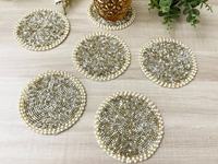 Handgefertigte Bohemian Runde Perlenuntersetzer & -Matten Gold-Weiß-Perlen-Design 3mm Dicke Polyester-Baumwoll-Tischauflagen