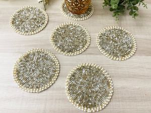 Posavasos y Manteles Redondos Bohemios Hechos a Mano con Cuentas, Diseño de Perlas Blancas y Doradas, 3mm de Grosor, de Poliéster y Algodón - Product Image 4