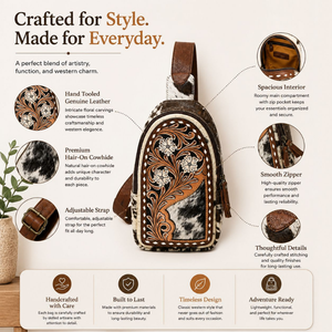 Hand Tooled Leather Hair On Cowhide Women's <b>Backpack</b> Floral Carved Genuine Leather <b>Backpack</b> <b>Purse</b> Handmade Western Fashion Style - Product Image 5
