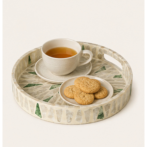 Bandeja de Servir Redonda de Lujo con Incrustaciones de Madreperla, Mosaico Verde Geométrico, Bandeja Decorativa con Asas para Mesa de Centro, Venta al Por Mayor - Product Image 2