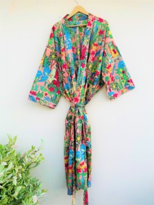 Robe Kimono Longue 100% Coton Faite à la Main à Imprimé Animalier et Floral pour Femme, Peignoir Bohème Hippie, Robe Maxi Décontractée Ethnique Ample - Product Image 6