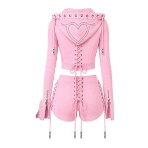 Men's Hooded <b>Crop</b> <b>Top</b> & Shorts Set Lace-Up <b>Rhinestone</b> Heart Design Winter Knitted Polyester Street Style - Product Image 2