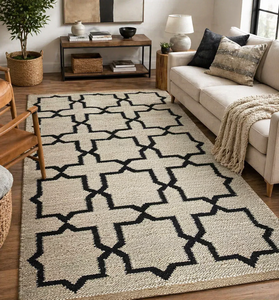 Alfombra de Yute con Patrón Geométrico, Alfombra de Fibra Natural Hecha a Mano, Alfombra de Estilo Marroquí en Blanco y Negro para Sala de Estar, Dormitorio, Decoración del Hogar - Product Image 1