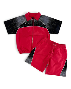 Custom Stitched Zip Lightweight Nylon Tracksuit Men Regular Fit Winter Windproof Rhinestone Windbreaker Short <b>Set</b> Two Piece - Product Image 2