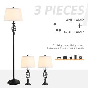 Set di 3 Lampade Moderne da Terra e da Tavolo con Palo in Metallo, Base Rotonda e Paralume in Tessuto, Bianco e Nero, per Soggiorno e Camera da Letto - Product Image 4