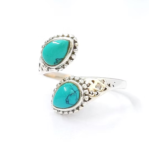 Unisex Two-Turquoise Gemstone Adjustable 925 Silver Ring 3.2 Grams Vintage Cluster Style Fine Jewelry for Everyday Wear - Product Image 3