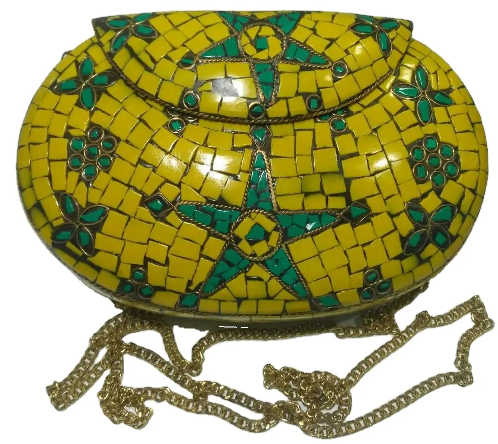 Bolso de mano de mosaico de Metal para mujer, cartera de mano de playa, hecho a mano, con bordado de borlas y cadenas