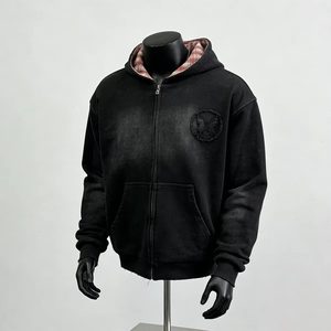 Men's <b>Black</b> Zip-Up <b>Hoodie</b> With Plaid Lining Oversized Reversible <b>Hoodie</b> Fit Embroidered Logo Casual Sweatshirt Autumn Wear - Product Image 5