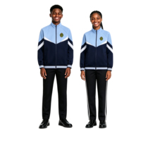 Uniformes scolaires en gros : Veste blanche à rayures chevron marine, pantalon à bord côtelé contrastant, badge personnalisé – Uniformes scolaires pour garçons et filles
