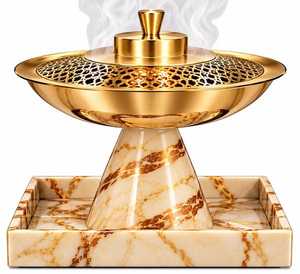 Brûleur d'encens élégant pour table avec design ajouré et base en pierre et résine, lot de 3 brûleurs Oudh - Product Image 3