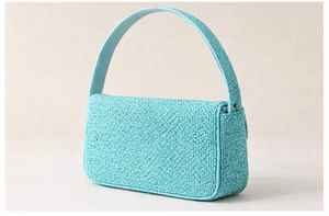 Sac à main de luxe fait main avec broderie champignon perlée bleue, portable, en coton/nylon, avec fermeture éclair, pour femme, idéal pour les soirées ou comme cadeau - Product Image 3
