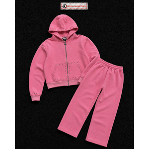 Ensemble de survêtement rose clouté pour homme – Hoodie zippé et pantalon droit – Tenue décontractée streetwear – Survêtement de jogging – Vêtements de sport personnalisés en gros - Product Image 5
