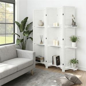 Paravento Bianco a 5 Pannelli con Scaffale Portaoggetti, Divisorio per Camera da Letto e Separatore Ambienti - Product Image 1