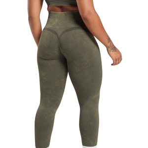 Women's High Waisted Acid Wash <b>Seamless</b> <b>Leggings</b> Olive Green Ribbed Yoga Pants for Gym Workout Fitness and Trendy Athleisure - Product Image 2