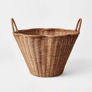 Panier utilitaire en osier tressé à la main de grande capacité avec poignées, panier de rangement rond en rotin pour vêtements ou linge - Product Image 1