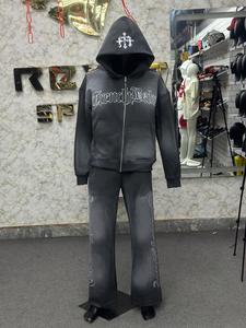 Wholesale Custom Blue <b>Hooded</b> 100% Cotton Breathable Lightweight Tracksuit Set Full <b>Zip</b> Jacket Pants Streetwear Style Adults - Product Image 5