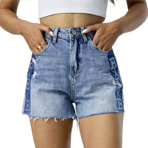 Shorts en jean déchirés style européen avec strass, nouvelle collection été, taille haute, coupe slim, pour femme - Product Image 1