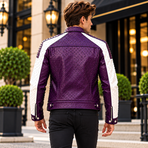 <b>Men's</b> <b>Purple</b> Ostrich Leather Biker Jacket – Giacca in Pelle Premium da Uomo con Borchie e Design Moto - Product Image 5