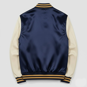 Veste universitaire en satin bleu marine pour homme avec manches crème et finitions dorées, style preppy, coupe classique, pour l'automne - Product Image 2