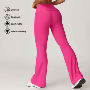 Ensemble de yoga 6 pièces pour femme, col en V profond, dos nageur, taille haute, pantalon évasé long, rose uni, Spandex/Nylon, séchage rapide, sans couture - Product Image 2