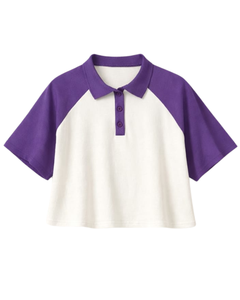 Custom Purple And <b>White</b> Women Cropped Polo T <b>Shirt</b> Raglan Sleeve Casual Cotton Top Button Placket Summer Fashion Streetwear Tee - Product Image 1