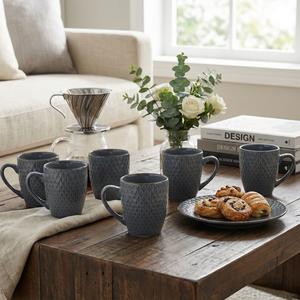 Set of 6 Smoky <b>Slate</b> Blue Ceramic Coffee Mugs Microwave Safe Pottery Flower Patterned Cup for Hiking Custom Designed Cute Style - Product Image 4