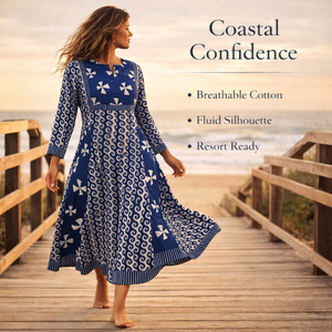 เดรสผ้าอินดิโกพิมพ์ลายบล็อกด้วยมือคุณภาพระดับบูติก คอวีเล็ก แขนยาว ลายกอลีเกเธอร์ ชุดลำลองสำหรับผู้หญิง - Product Image 4