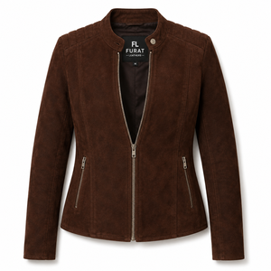 Furat Leathers Quilted Distressed Brown Sheep Leather Eco-Friendly Winter Women's <b>Biker</b> <b>Jacket</b> Stand Collar Detachable Collar - Product Image 5