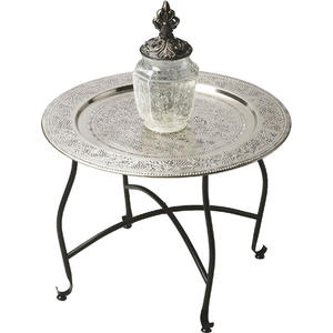 Mesa de Centro Marroquí de forma redonda moderna con diseño de flores en relieve Base de hierro Muebles de sala de estar - Product Image 1