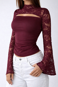 Top ajustado de manga larga con encaje sexy y aberturas para mujer, suministro ODM, con logo frontal para uso diario - Product Image 4