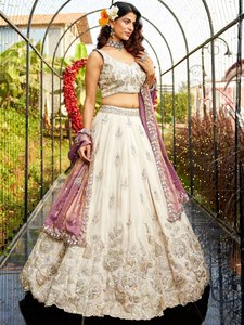 Beige Silk Floral Embroidery Floor-Length <b>Lehenga</b> Choli Set Pink Dupatta Wedding Indian Pakistani Dress <b>Women</b> Summer Winter - Product Image 6