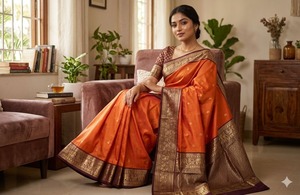 Orange Banarasi Silk <b>Saree</b> For Women Luxury Zari Border Designer Wedding Party Wear Traditional Indian Ethnic <b>Saree</b> With <b>Blouse</b> - Product Image 3