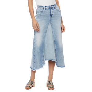 Jupe longue en jean bleu clair délavé à fente avant, taille haute, ourlet effiloché, en coton délavé, style décontracté, qualité supérieure - Product Image 1