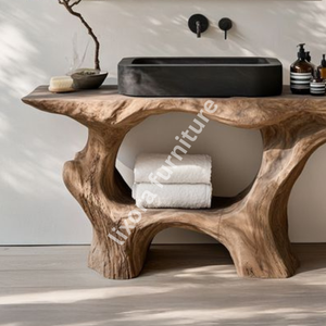 Meuble-lavabo de luxe artisanal en tronc d'arbre, console de salle de bain artistique en bois massif, décoration en racine naturelle - Product Image 3