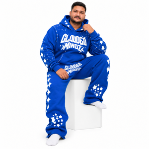Ensemble survêtement homme personnalisé 350 GSM avec impression en relief et strass, bleu, coupe oversize, streetwear, marque privée, OEM, vente en gros - Product Image 4