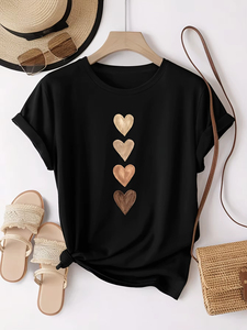 <b>Women</b> Casual Short Sleeve T <b>Shirt</b> with Four Heart Graphic Print <b>Black</b> & Golden Medium Stretch Classic Round Neck Soft Breathable - Product Image 1