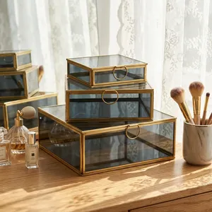 Black <b>Glass</b> <b>Jewelry</b> <b>Box</b> with Brass Frame Storage Organizer for Rings Necklaces Accessories Cosmetic Vanity - Product Image 1