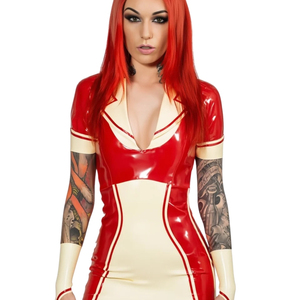 Robe moulante mini à col en V profond et taille cintrée avec design à blocs de couleur contrastés, manches longues, en PU, ajustée, sexy, pour soirée - Product Image 5