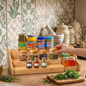 Bamboo Three-Layer <b>Spice</b> <b>Rack</b> Storage Holder for <b>Kitchen</b> Standing Type Adjustable <b>Kitchen</b> Cabinet / Space-Saving - Product Image 4