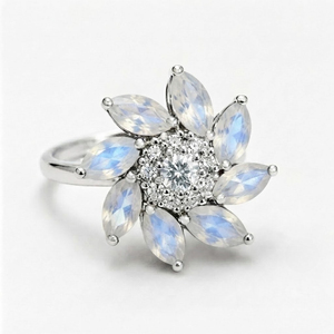 Women's Trendy Flower <b>Moonstone</b> Cz Gemstone Engagement Wedding <b>Ring</b> 925 Silver Rhodium Plated Rhaya Jewels Gift Party - Product Image 1
