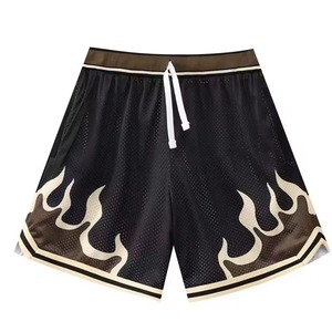 Wholesale Mens Black Flame Print Mesh Basketball Shorts Custom Sublimation Vintage <b>Athletic</b> Streetwear Quick Dry Shorts - Product Image 1