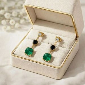 Luxury Emerald Cushion Cut & <b>Black</b> Obsidian Round Drop Earrings With CZ Elegant Gemstone Stud Dangle Earrings Minimalist Earring - Product Image 1