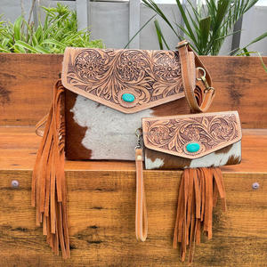 Nouvelle arrivée 2025 à la mode usiné à la main en cuir de vachette frange bandoulière sac à main et porte-cartes pochette 2 pièces Combo ensemble pour les femmes - Product Image 5