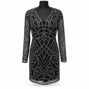 Glamorous <b>Black</b> Embellished Mini <b>Dress</b> | Deep V-Neck <b>Long</b> Sheer <b>Sleeve</b> Geometric Sequin <b>Evening</b> Party <b>Dress</b> for Cocktail Formal - Product Image 1